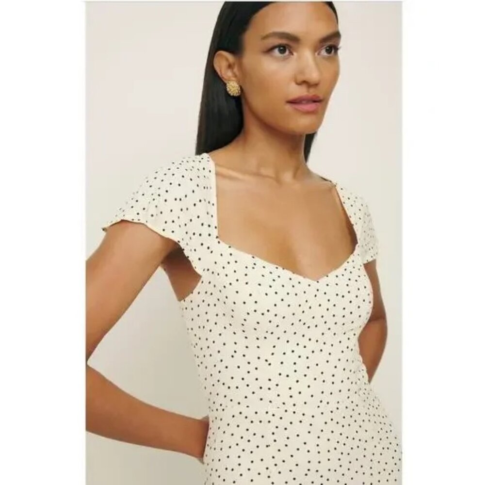 NWOT Reformation Novia Flutter Sleeve Dress, White & Black Polka Dot, Size 2 - Picture 4 of 13